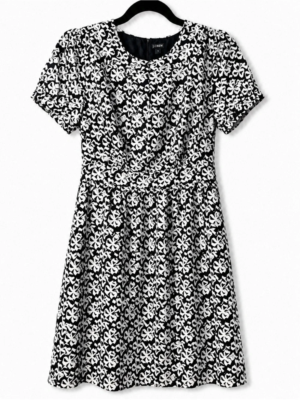 J.Crew Small Black White Bow Print Fit & Flare Dress Short Sleeve Size 6